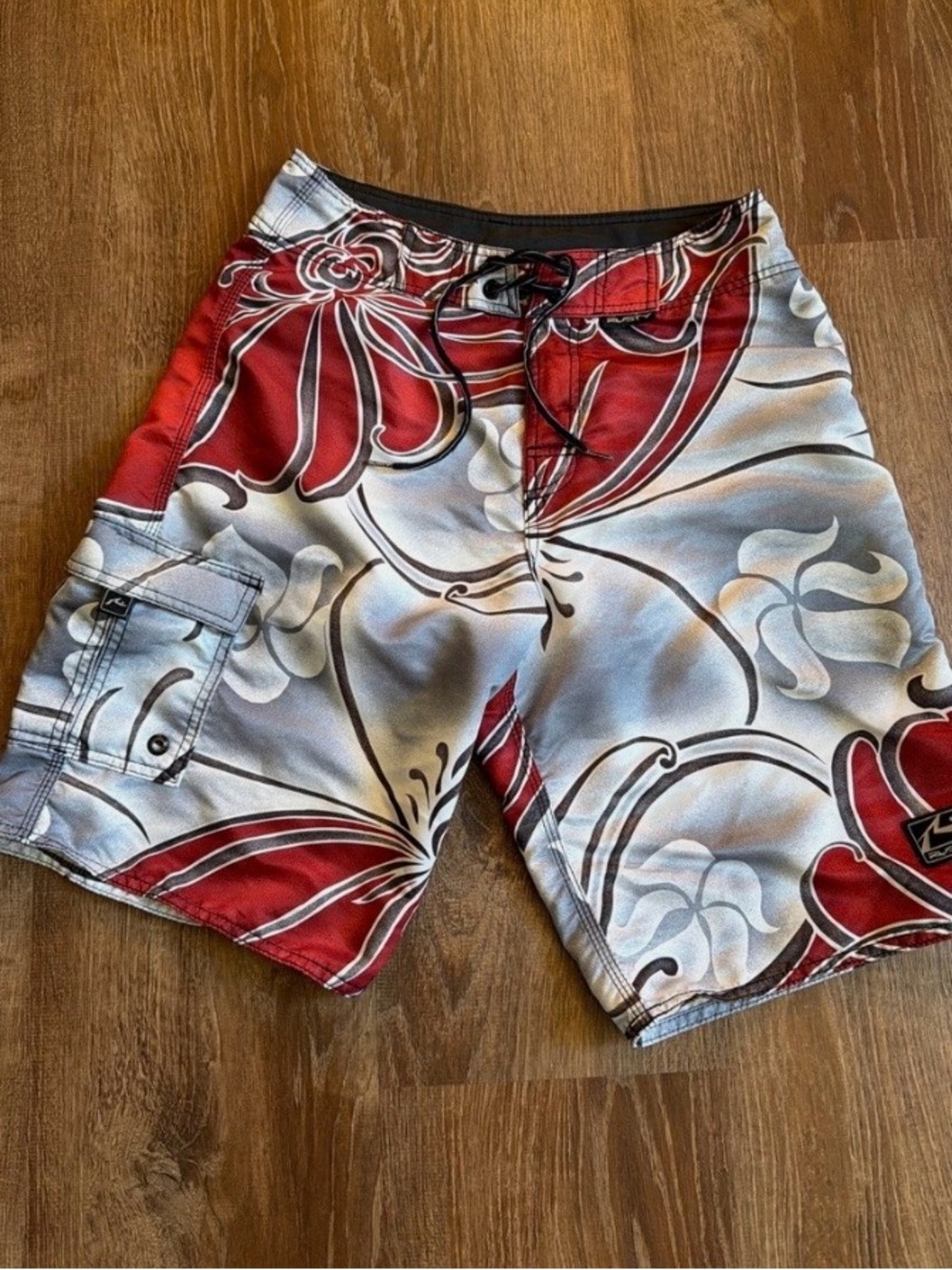 Vintage Rusty Red and White Floral Men's Swim Board Shorts With Wax Comb